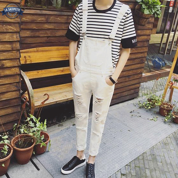 Tuinbroek Jeans Beige Gescheurd Katze