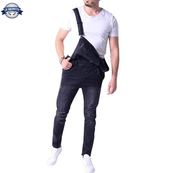 Tuinbroek Jeans Zwart met Gaten